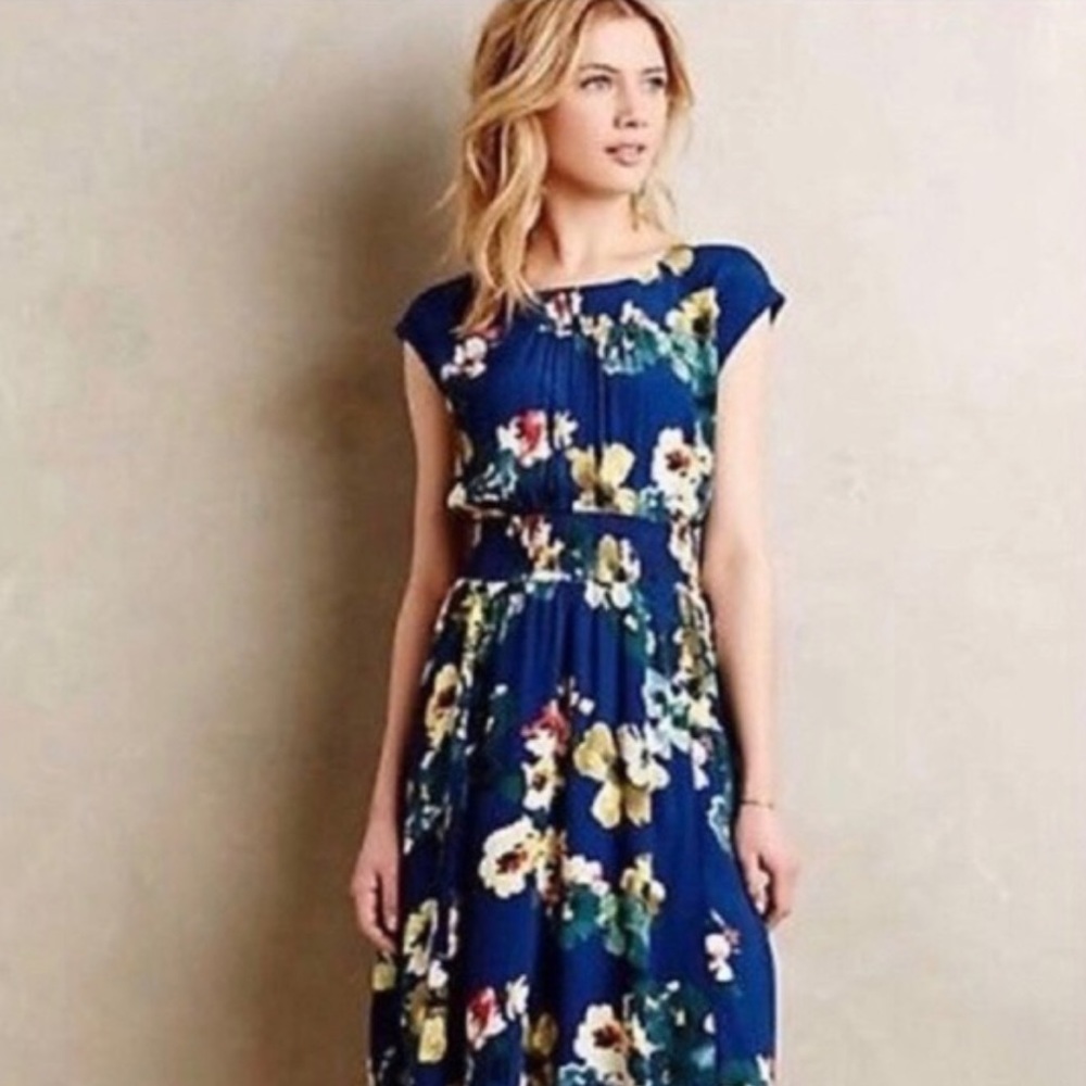 Anthropologie Maeve  Evaline Dress Joanna Gaines Blue Floral Dress M